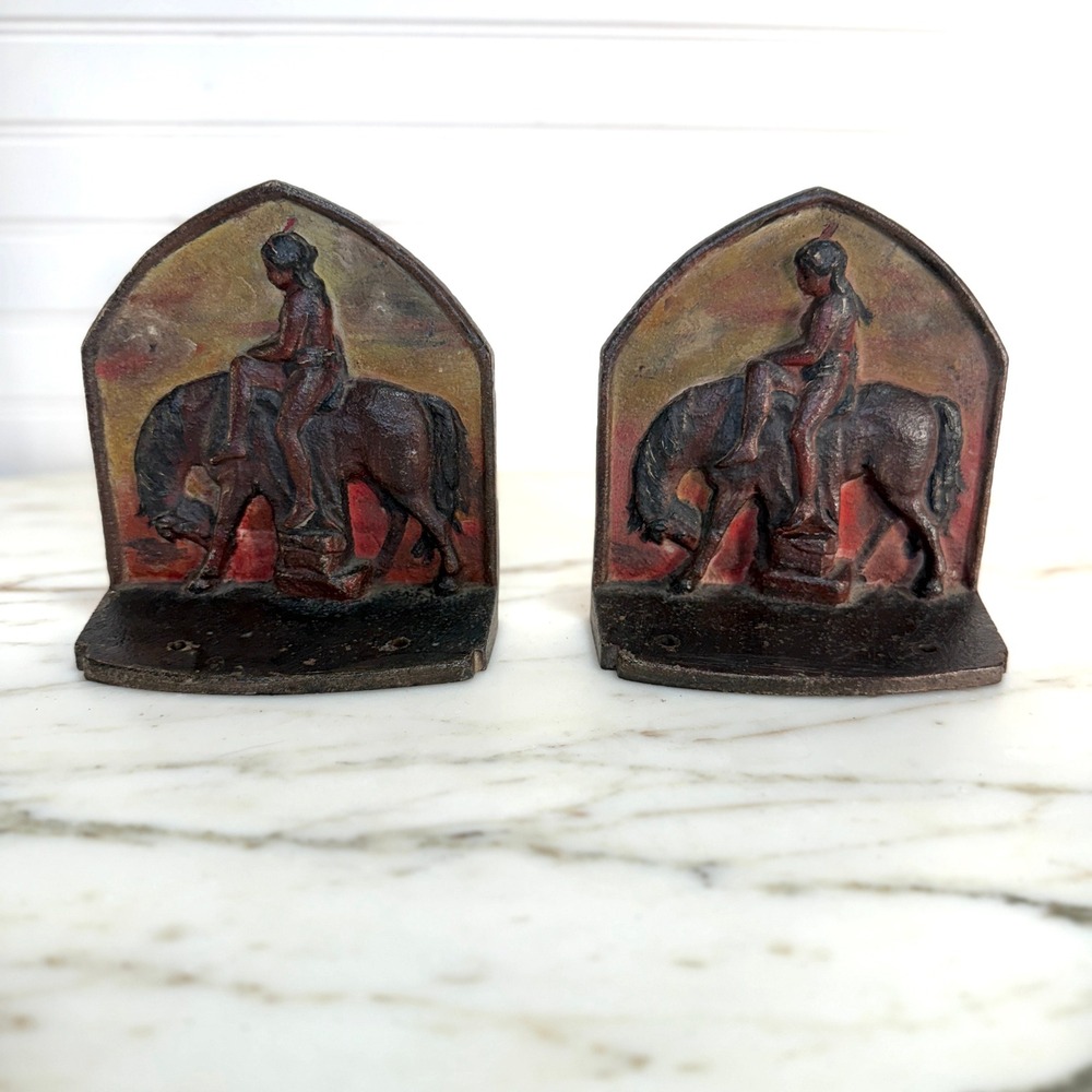 Early 20th Century Cast Iron End of Trail Native American Figural Bookends